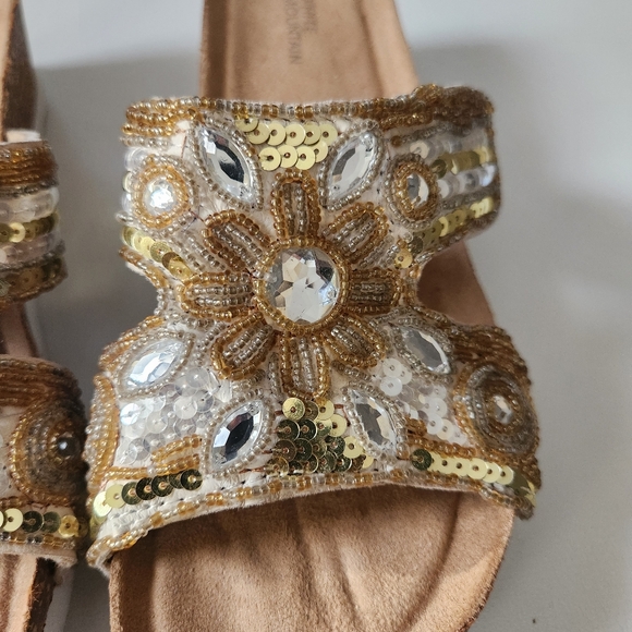 Gold Embellished Floral Sandals with Pearlescent Beads, Gem Stones & Sequins - Picture 4 of 13